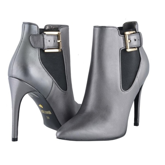 🛑CLEARANCE🛑 NEW Just Cavalli Silver Leather Ankle Booties - Picture 1 of 8